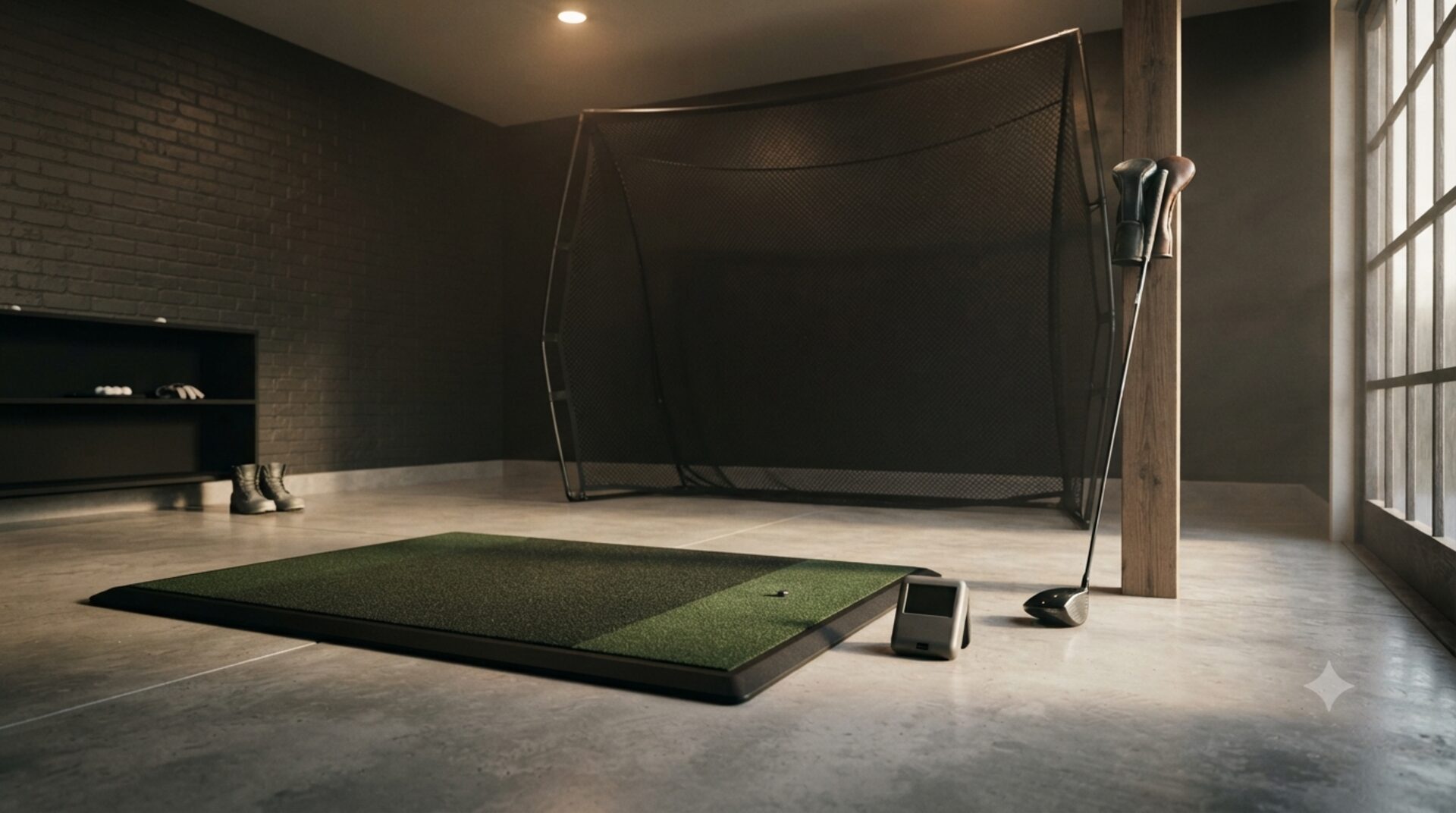 A home golf hitting bay with a launch monitor set up behind the ball