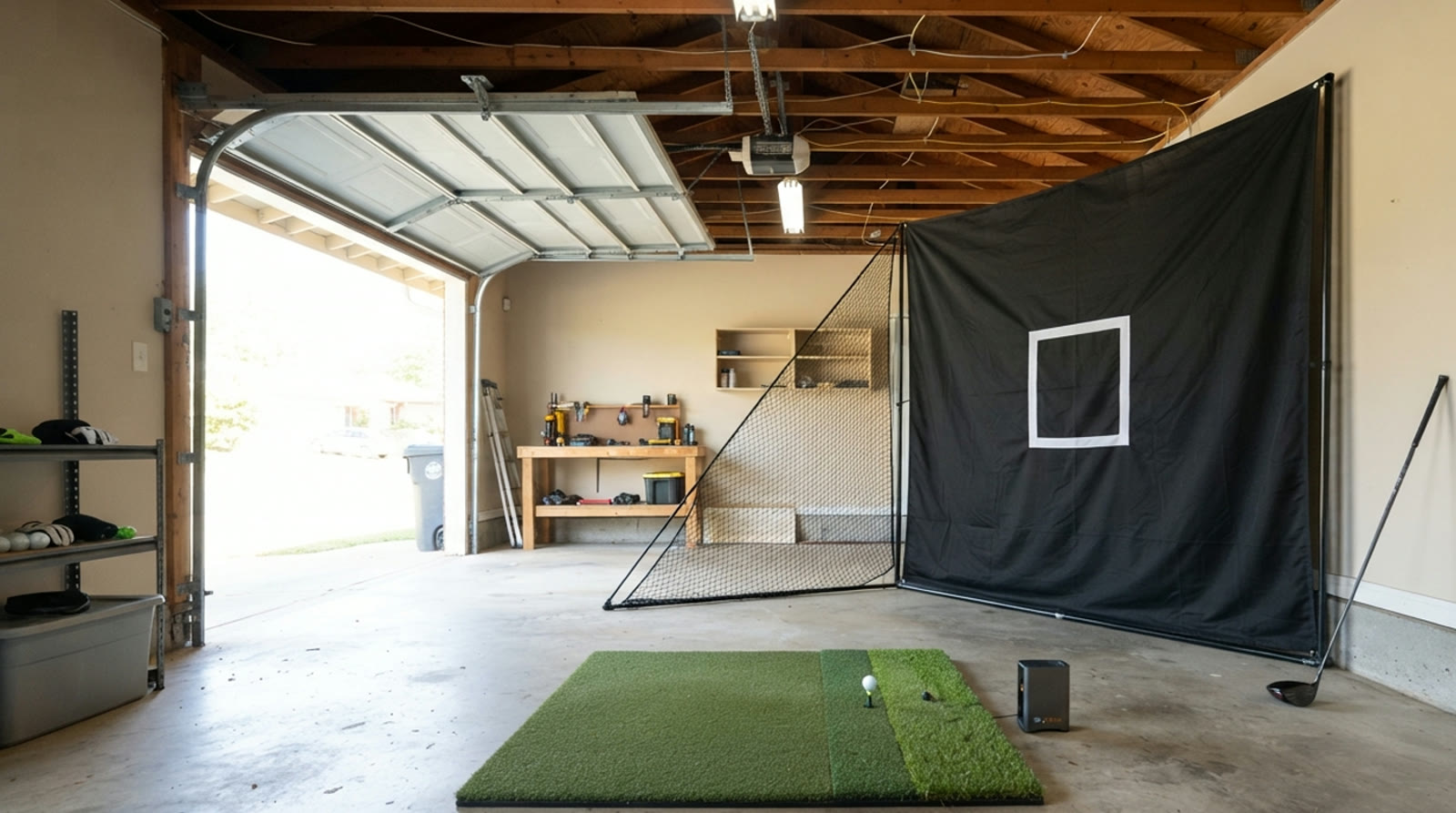 A compact home golf practice setup in a small garage with a hitting net, mat, and launch monitor